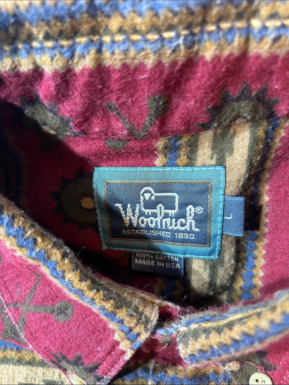 Vintage Woolrich Red, Tan & Green Patterned Button-Down Shirt - Long Sleeve - Picture 2 of 5